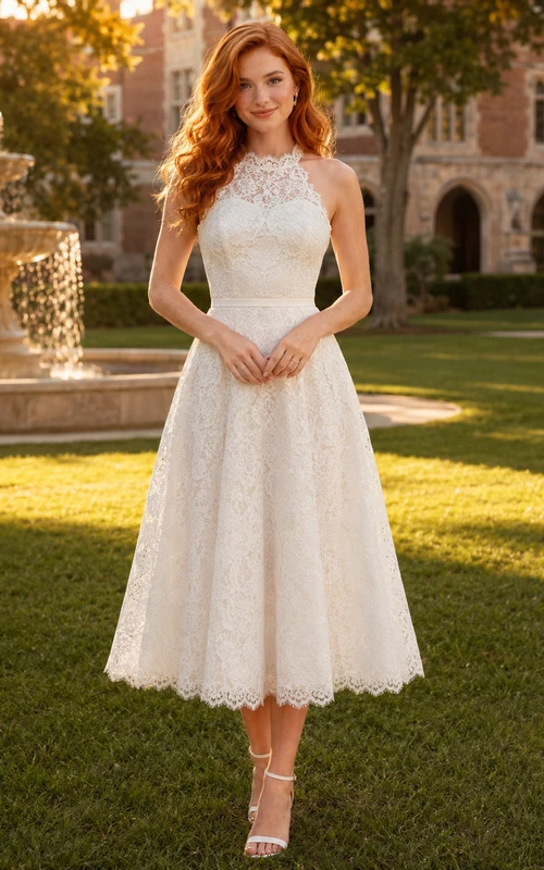 Vestido de graduación blanco de cuello alto con encaje calado y largo hasta la rodilla