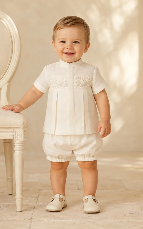Ivory Lace Bib Peter Collar Short Sleeve Christening Two Piece for Baby Boy