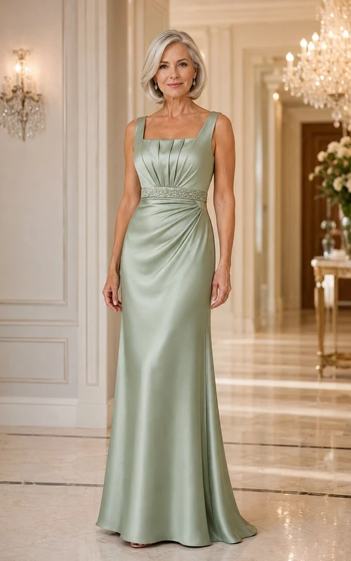 Sage Satin Square Neck Sheath Mother Dress