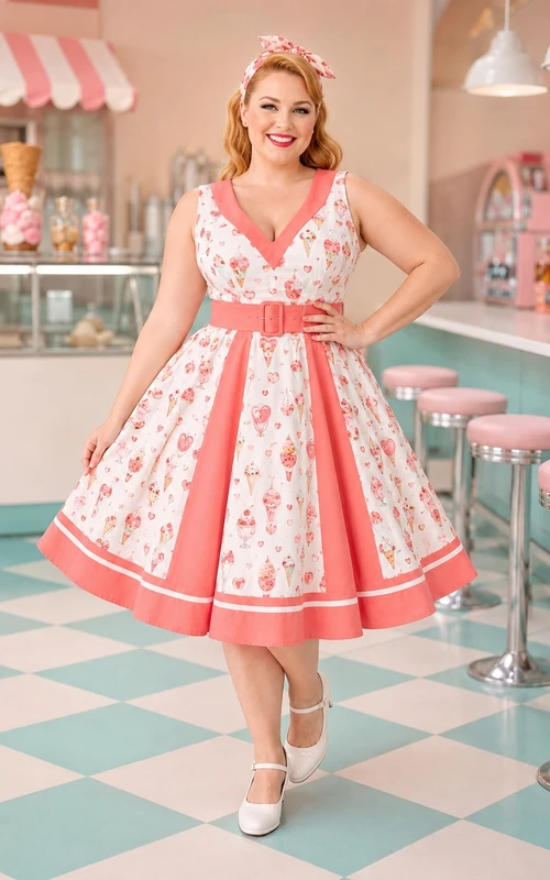 Pink Floral Print V-Neck Puff Sleeve Knee Length Vintage Dress