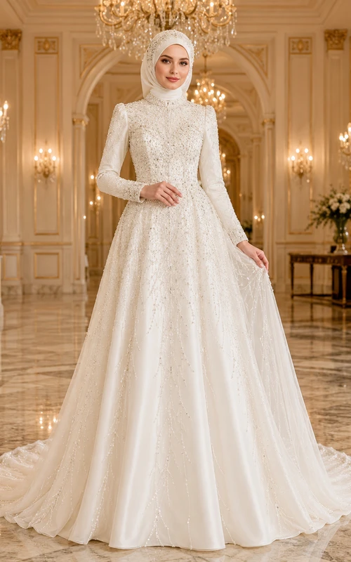 Vestido de novia modesto musulmán de corte princesa con cuello alto y bordados, con cola.