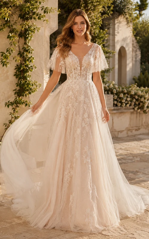 Robe de mariée botanique en mousseline de soie et dentelle, décolleté en V profond, manches papillon, bustier trapèze et traîne, idéale pour une cérémonie à destination.