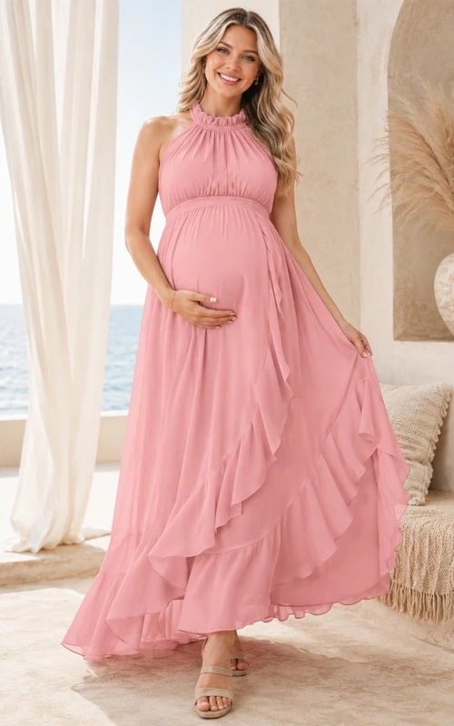 Pink Chiffon Halter Maternity Pleated A-line Floor-length Gown