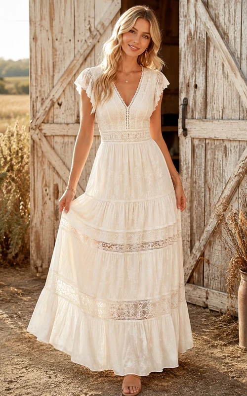 Robe de campagne romantique bohème en mousseline de soie ivoire et dentelle, col en V, manches courtes et volants, longueur cheville