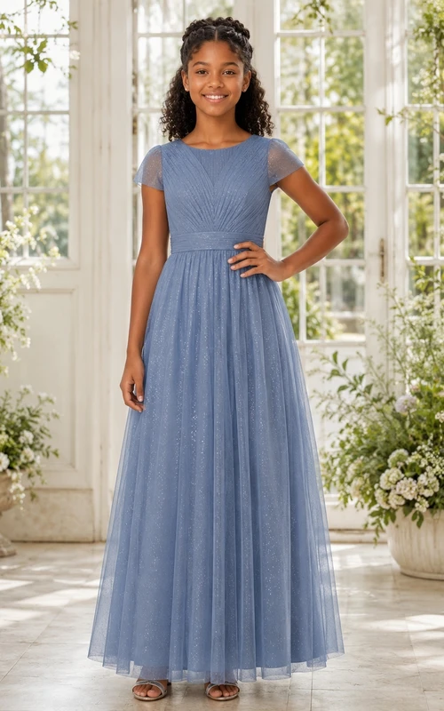 Schieferblaues Brautjungfernkleid für junge Damen, A-Linie, V-Ausschnitt, kurze Ärmel, Tüll, Paillettenbesatz, elegant