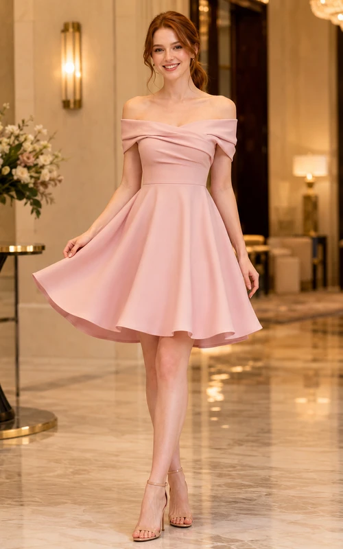 Vestido de cóctel ajustado con falda acampanada y hombros descubiertos en tono rosa empolvado