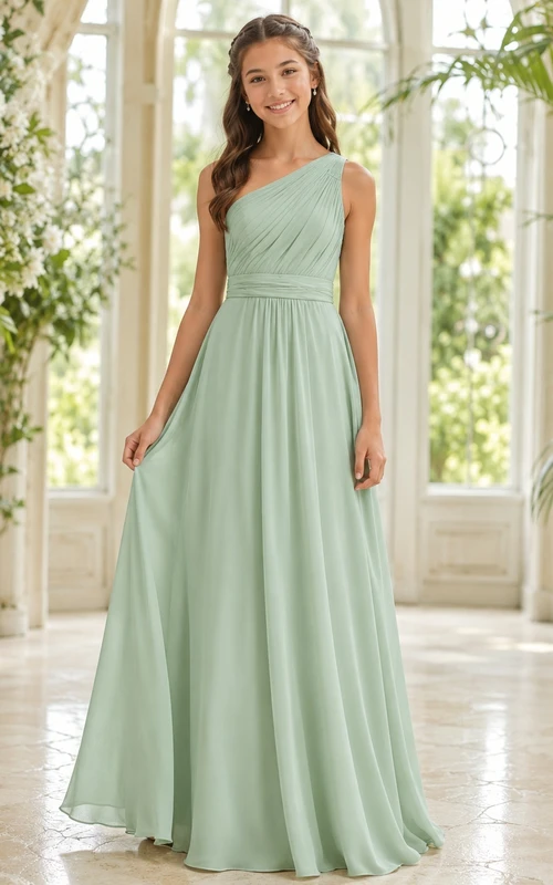 Elegantes junges Brautjungfernkleid in Celadon-Tönen, A-Linie, One-Shoulder, ärmellos, aus Chiffon