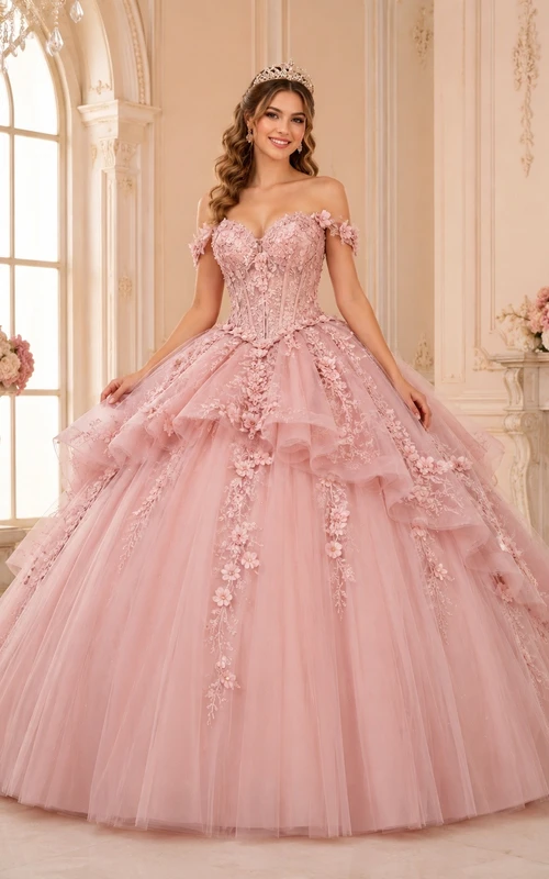 Vestido de quinceañera largo hasta el suelo, estilo princesa, de tul con hombros descubiertos y estampado floral.