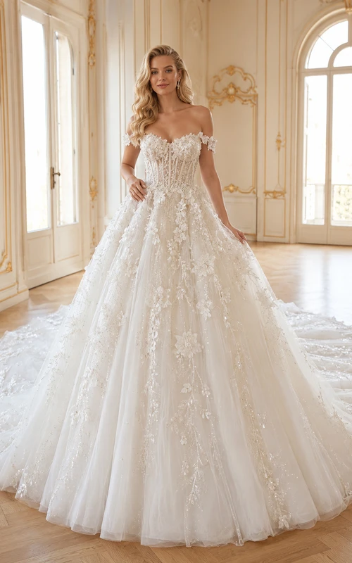 Robe de bal en tulle et dentelle florale à épaules dénudées avec traîne cathédrale