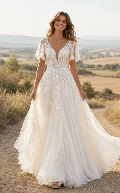 Vestido de novia de tul y encaje campestre, corte en A, hombros descubiertos, manga corta, cola de capilla, espalda baja en V.