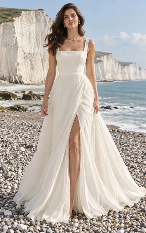 Vestido de novia sencillo de corte A, sin mangas, con escote cuadrado, de voile de algodón y cola larga.