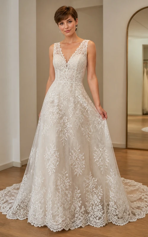 Vestido de novia de lujo con escote en V profundo, encaje floral y cola catedral