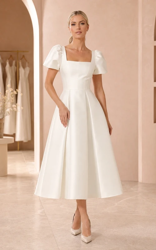 White Square Neck Puff Sleeve Satin Pocketed Tea-Length A-Line Dress