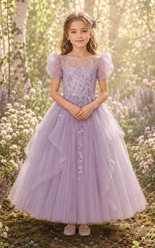 Flower Girl Dress Lavender Satin A-Line Short Sleeve Jewel Neck Tea Length Bow Detail