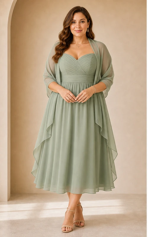 Plus Size Sage Chiffon Tea-Length A-Line Dress with Shawl Overlay