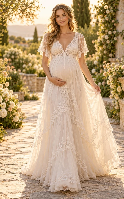 Maternity Boho V-neck Flutter Sleeve Tiered Lace Empire Wedding Dress