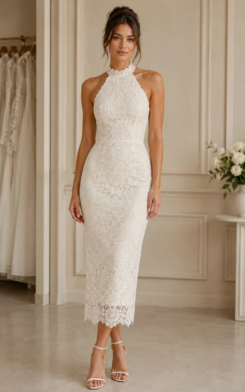 Robe de mariée fourreau en dentelle ivoire, longueur genou, dos nu, ornée de dentelle.