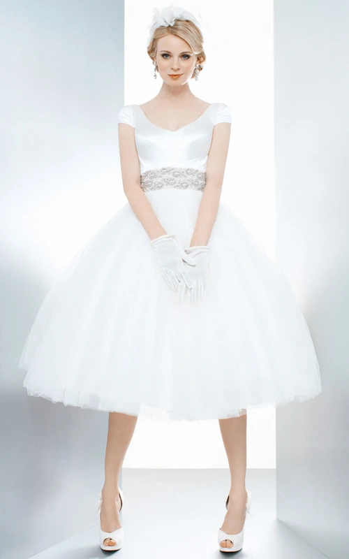 A-Line Tea-Length Cap Sleeve Jeweled V-Neck Tulle Wedding Dress With Bow