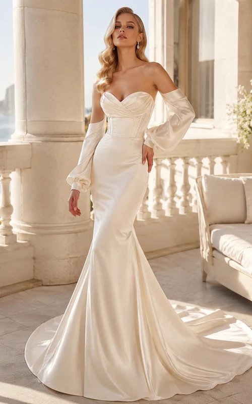 Robe de mariée sirène minimaliste en satin poli, décolleté cœur, manches gigot amovibles et traîne chapelle