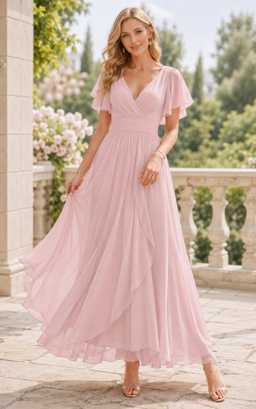 Robe d'invitée romantique en mousseline rose poudré, longueur cheville, col en V, manches papillon, pour l'extérieur