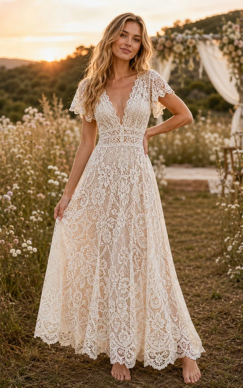 Robe de mariée bohème en dentelle au crochet, col en V, manches courtes, style prairie