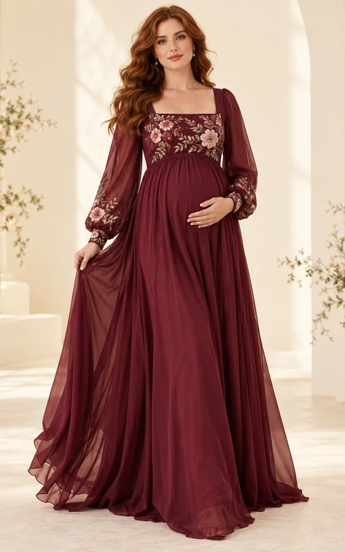 Maternity Long Sleeve Square Neck Burgundy Floral Embroidered Chiffon Gown