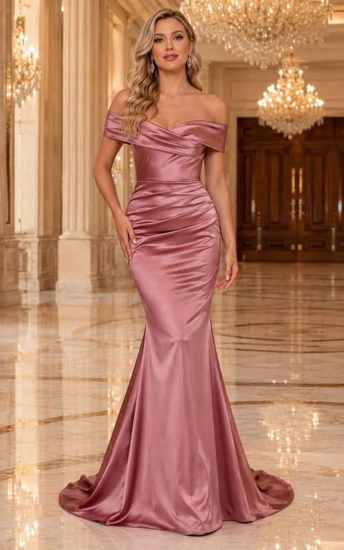 Dusty Rose Off Shoulder Ruched Mermaid Satin Evening Gown