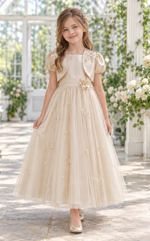 Champagne A-line Tulle Satin-bolero Puff-sleeve Ankle-length Appliqued Round-Neck Flower Girl Dress