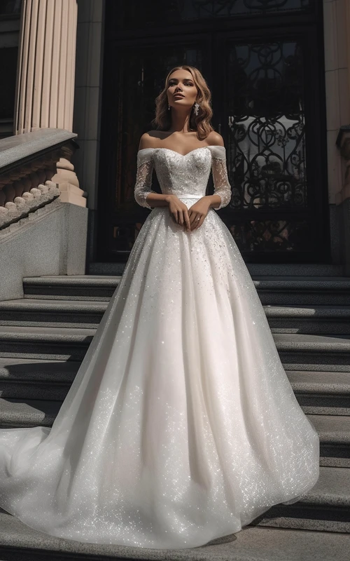 schulterfreies A-Linien-Ballkleid mit Illusionseffekt und langen Ärmeln – ein luxuriöses Brautkleid