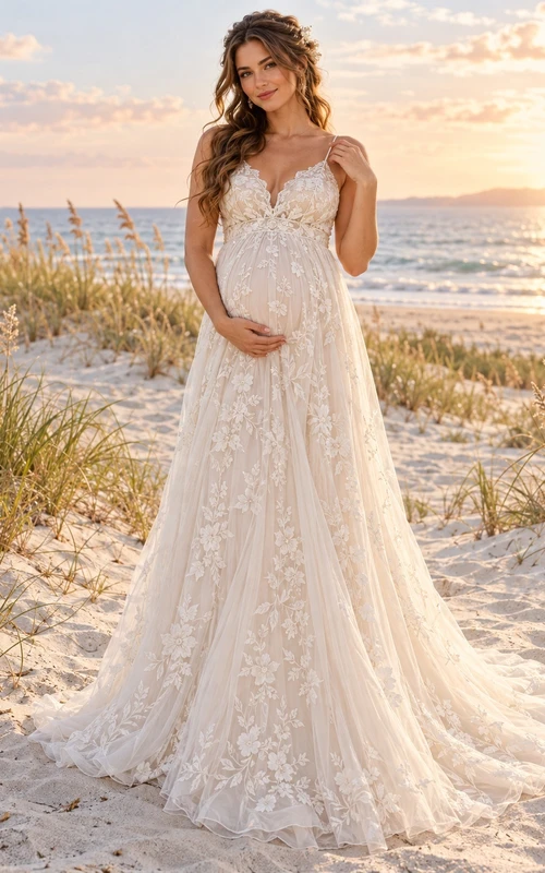 Boho Maternity Spaghetti Strap Sweetheart Floral Tulle Wedding Dress