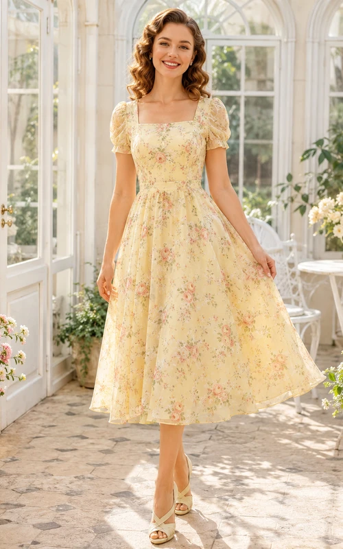 Vestido de té de organza con estampado floral, cuello cuadrado y mangas abullonadas, estilo vintage romántico, color narciso.