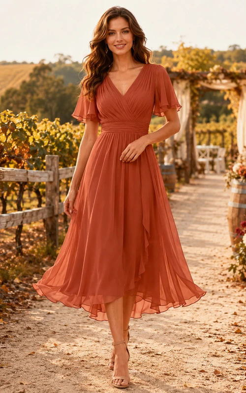 Terracotta V Neck Flutter Sleeve Chiffon Wedding Guest Dress