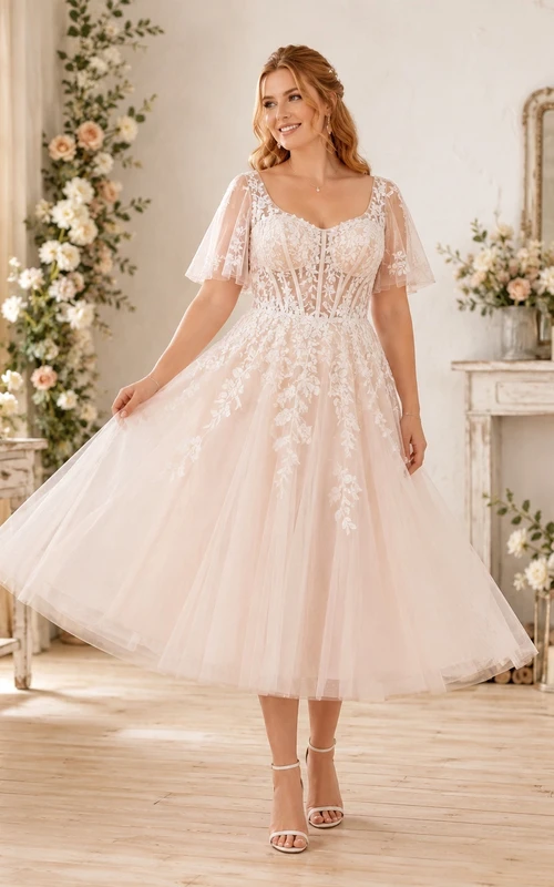 Plus-Size Blush Teelänge Eckiger Ausschnitt Korsettspitze Flatterärmel Tüll A-Linien-Brautkleid