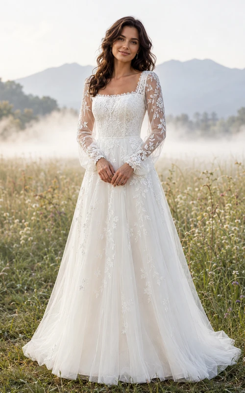 Square Neck Long Sleeve Lace Meadow A Line Wedding Dress