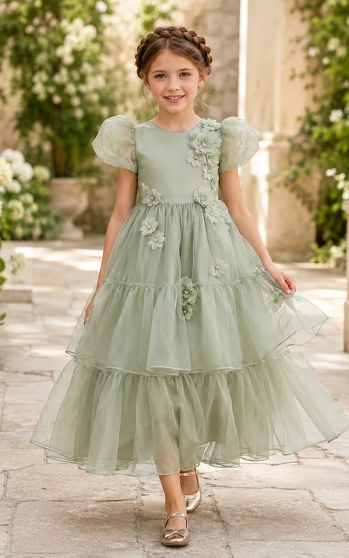 Blumenmädchenkleid aus elfenbeinfarbenem Tüll, A-Linie, kurze Ärmel, Rundhalsausschnitt, wadenlanger Stufenrock