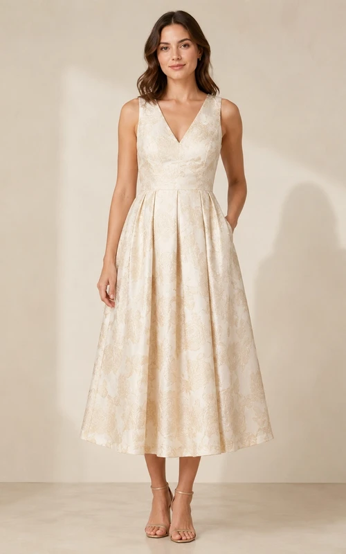 Champagne Jacquard Taffeta V-Neck A-Line Tea Length Elegant Formal Dress