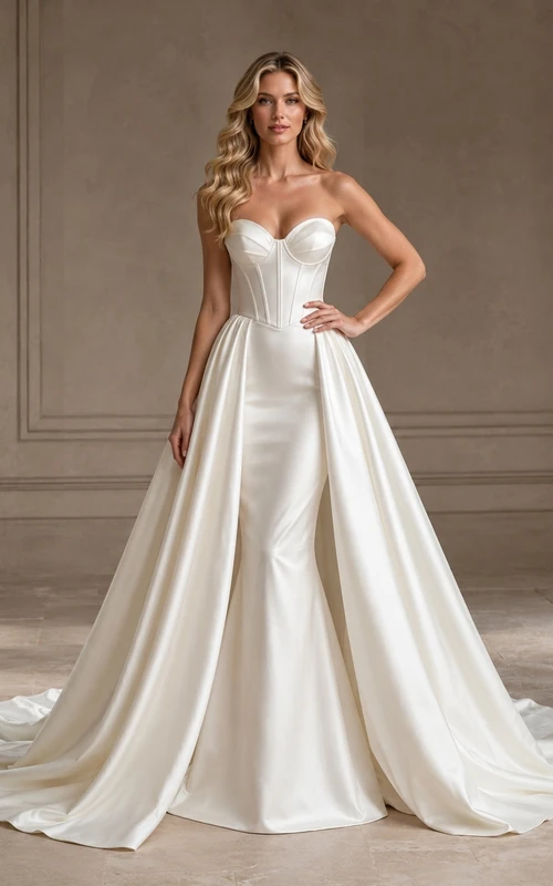 Vestido de novia sencillo de satén con corsé sin tirantes y falda desmontable.