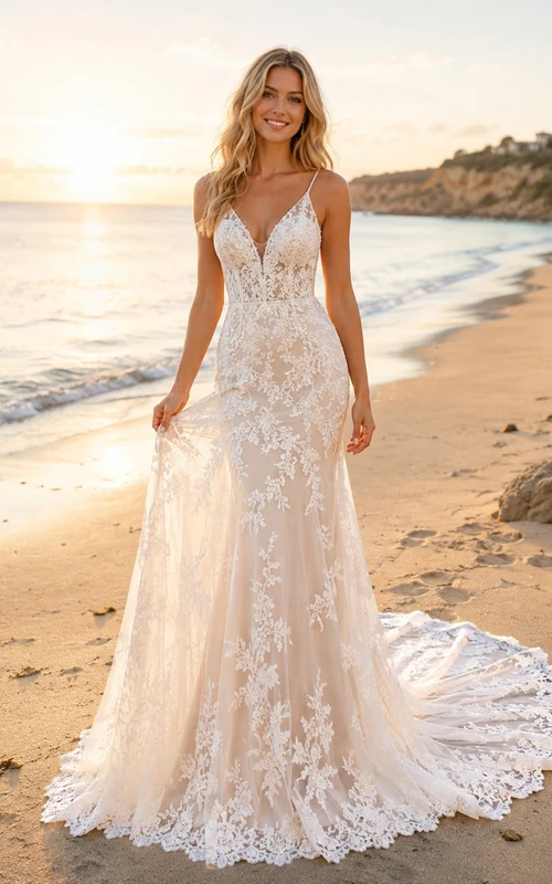 Open Back Lace Boho Beach Mermaid Bridal Gown