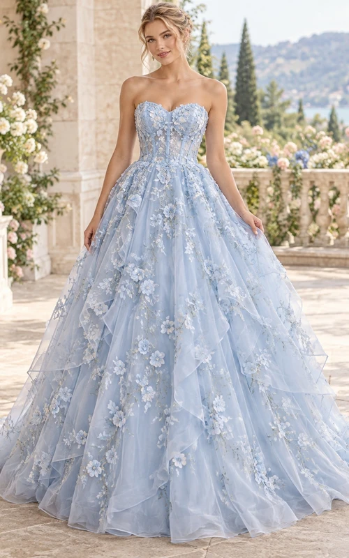 Vestido de novia de gala azul cielo sin tirantes, escote corazón, capas, organza floral, vestido de baile