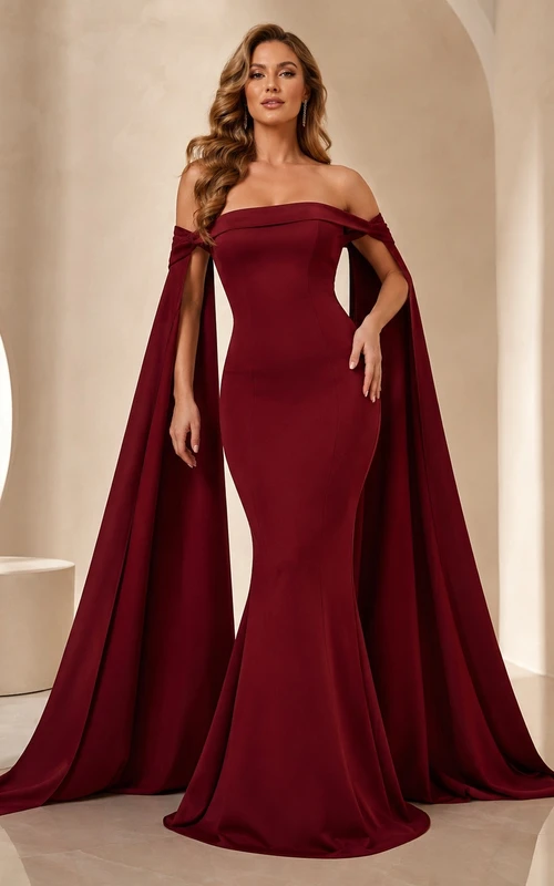 Robe de soirée sirène bordeaux à épaules dénudées et traîne balayée