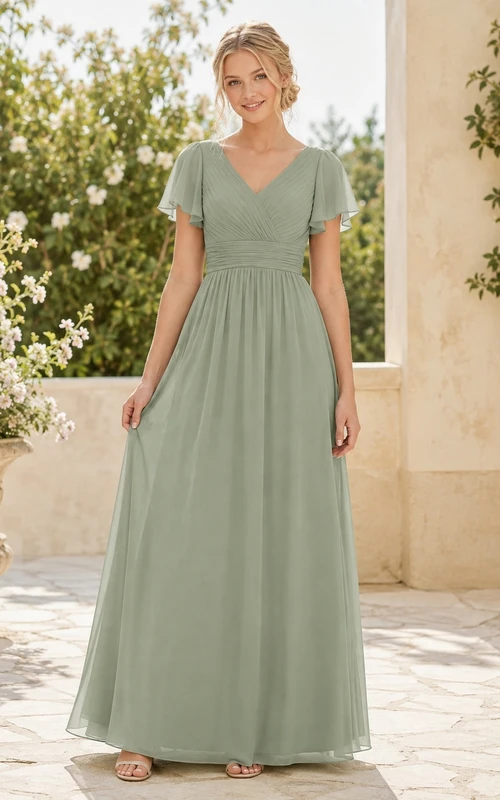 Celadonfarbenes Brautjungfernkleid für junge Damen, A-Linie, V-Ausschnitt, kurze Blütenblattärmel, elegant und romantisch