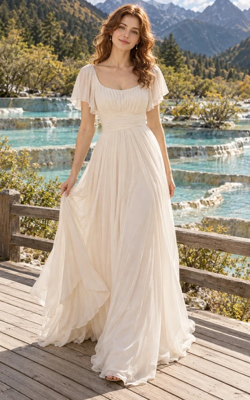 Vestido de novia sencillo de gasa color champán con escote redondo y manga corta