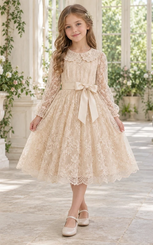 Tea-length Long-Sleeve Vintage Champagne A-line Lace Collared Bow-waist Flower Girl Dress