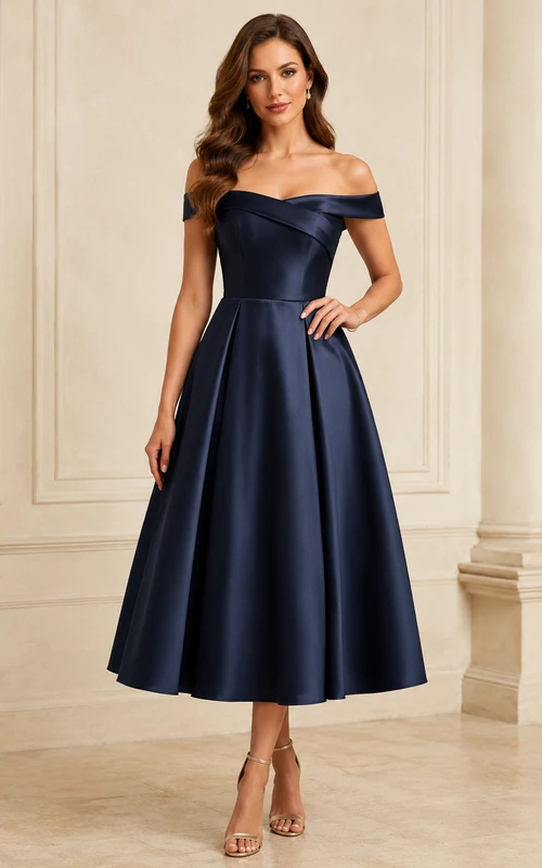 Dark Navy Tea-Length Off-Shoulder Satin Vintage Formal Cocktail Dress Reception