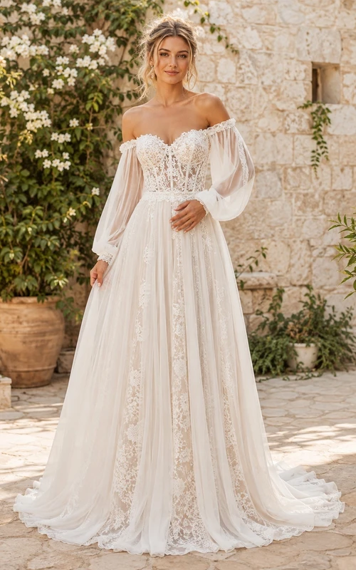 Schulterfreies, langärmeliges Brautkleid im A-Linien-Schnitt mit Kathedralenschleppe und Spitze im Boho-Stil, bodenlang