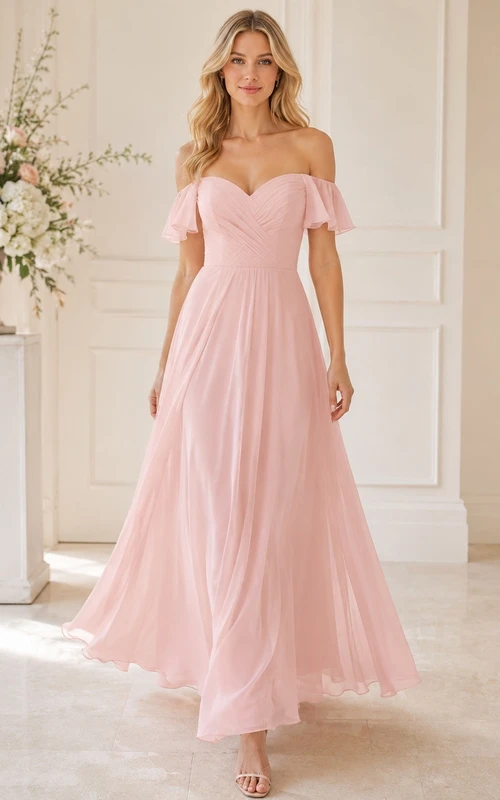 Blush Off-the-shoulder Petal Sleeve Chiffon A-Line Floor-length Bridesmaid Dress