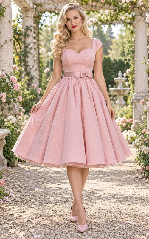 Vestido de dama de honor rosa rubor estilo rockabilly hasta la rodilla con escote corazón y mangas cortas