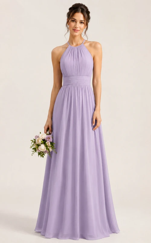 Lavendelfarbenes Chiffon-Brautjungfernkleid mit Neckholder und A-Linie