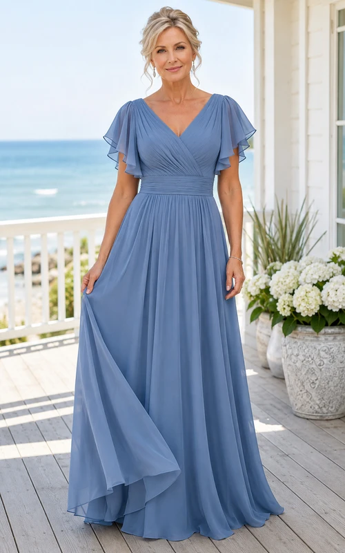 MOB-Kleid, stahlblau, Chiffon, A-Linie, kurze Ärmel, V-Ausschnitt, bodenlang, plissiert