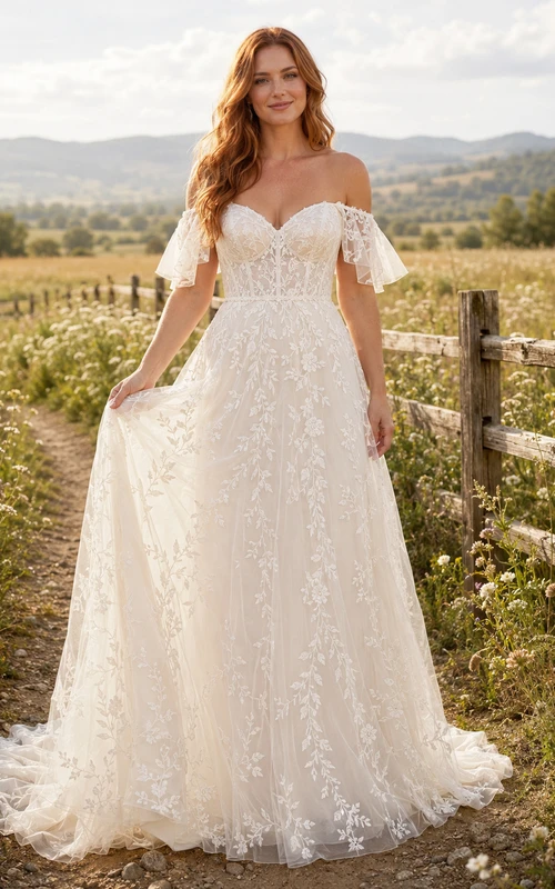 Robe de mariée champêtre en tulle et dentelle, coupe trapèze, bretelles spaghetti, traîne chapelle et dos nu plongeant en V.